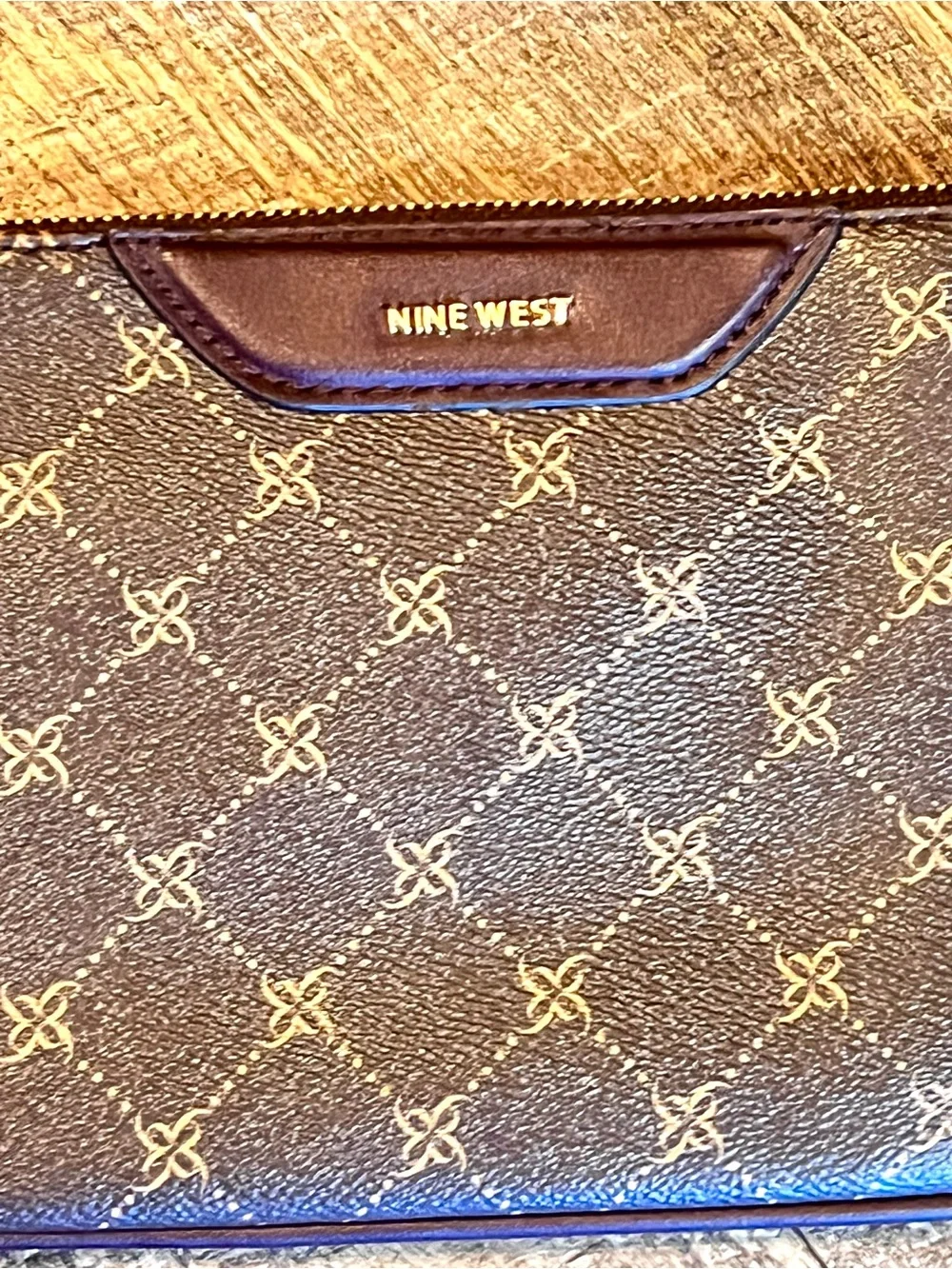 Nine West Brown Monogram Wristlet Zip Clutch Wallet Purse Gold Tone